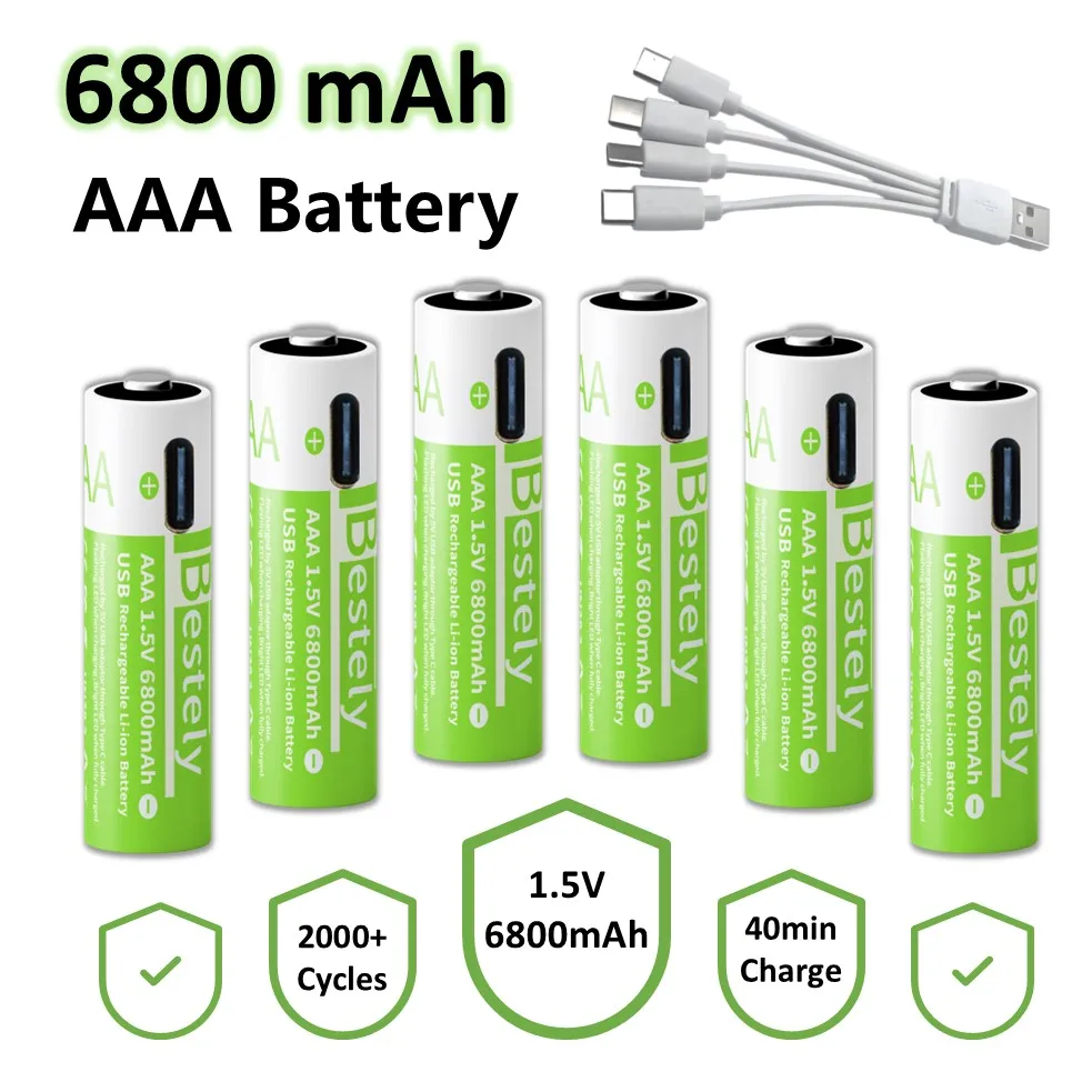 

2025 New 1.5V AAA Li-ion Battery 6800mAh Type-C Quick Charge Rechargeable 2000 Cycles Batteries LED Status + Free Charging Cable