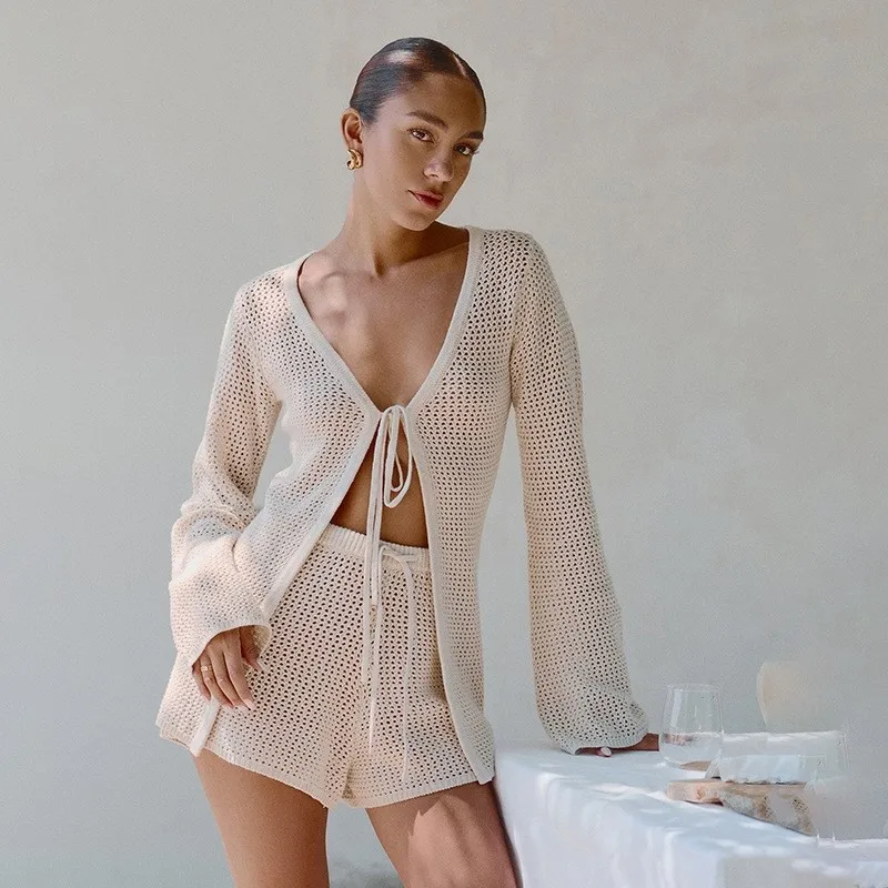 

Pure Color Sexy Knitted Beach Bikini Swimsuit Cover up Sun Protection Set Short Beach Women's Fashion Two-Piece Suit