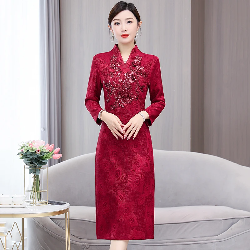 2023 New Fashion Red V-Neck Red Dress Women\'s Autumn Qipao Style Loose Fit Long Sleeve Holiday Wedding Dress Vestidos