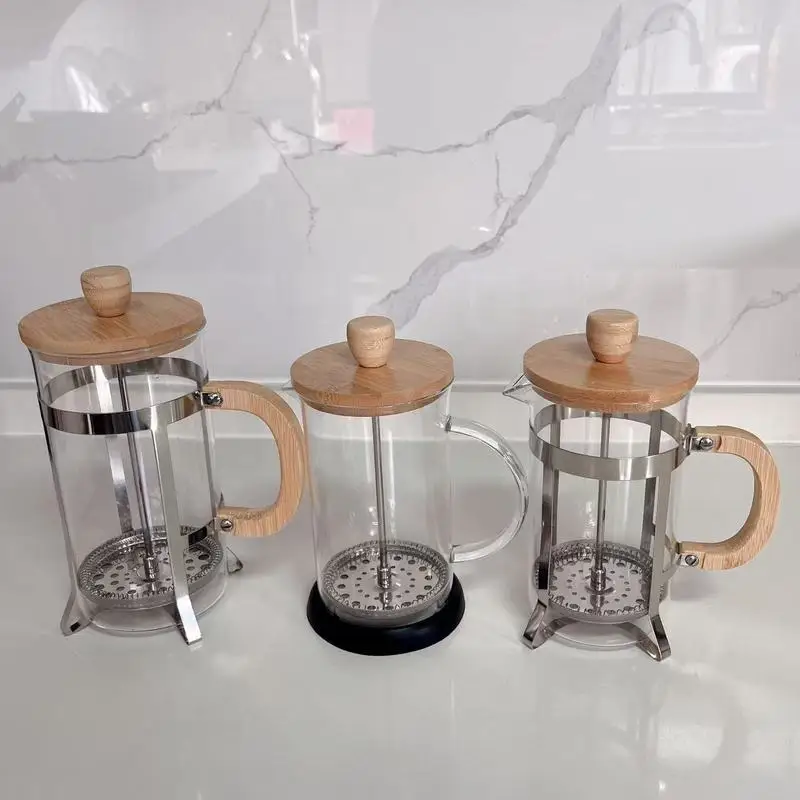 heat-resistant French press coffee pot, hand-brewed coffee pot, household stainless steel filter bamboo wood tea maker