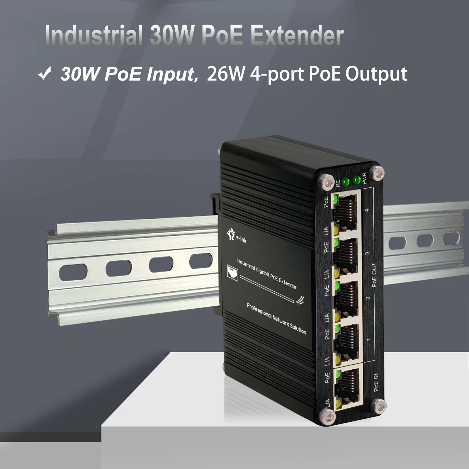 

Mini Industrial Gigabit 30W 90W PoE Extender 1 In 4 Out, 10/100/1000Mbps IEEE802.3af/at/bt PoE Repeater Din Rail /Wall Mount