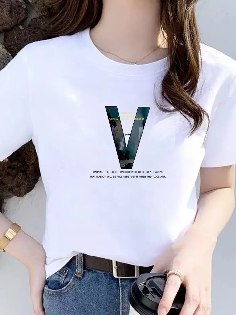 

Элегантная женская футболка в корейском стиле с короткими рукавами, топ с круглым вырезом и принтом, дышащий, летний, белый, универсальный и простой.