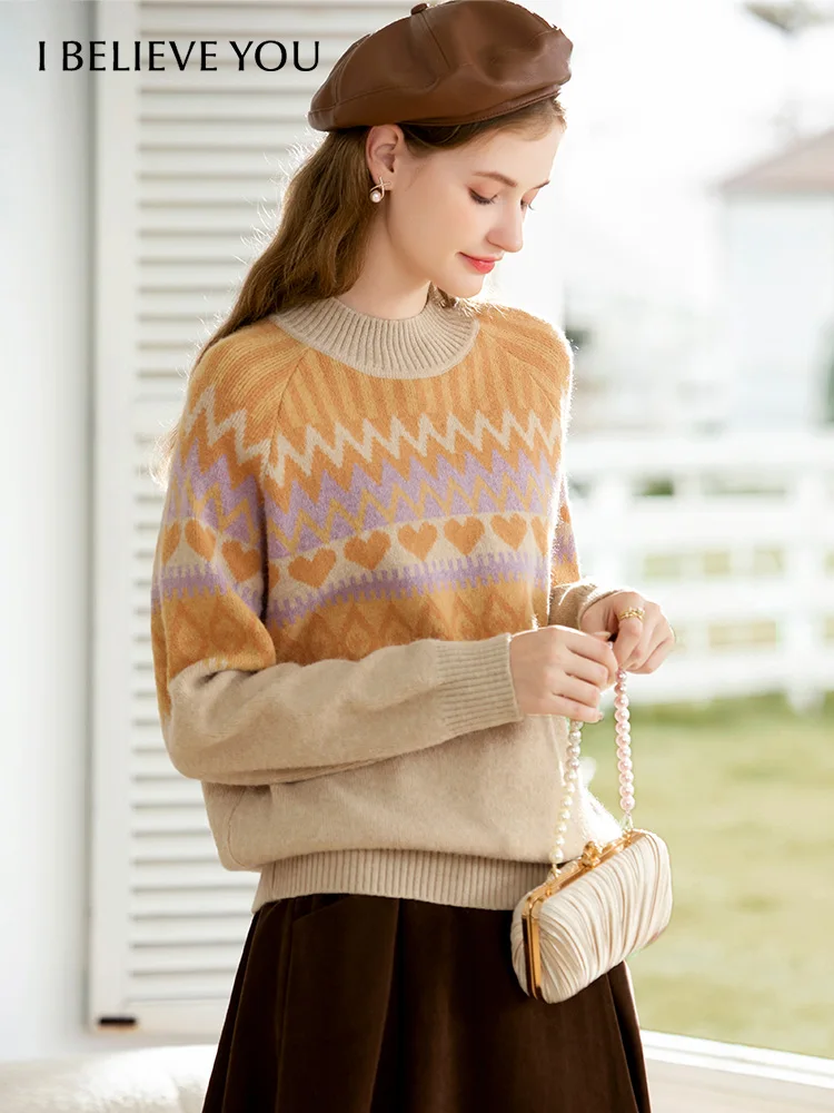 I BELIEVE YOU Fair Isle Knitting Sweater 2022 Elegant Mock Neck Casual  Pullover Tops Warm Winter Clothes Women 2224124577