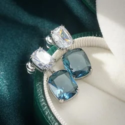 Simple Cushion Cut Blue Zircon Dangle Earrings for Women Girls 2024 New Elegant Female Accessories Wedding Party Jewelry Gifts