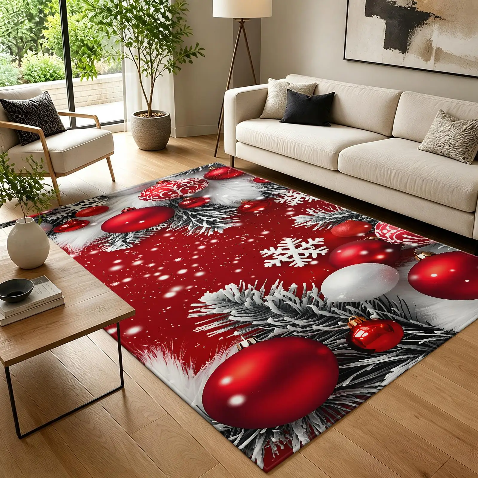 1pc 2D Flat Christmas Bauble Pine Branch Snowflake Printed Floor Mat, Decorative Rug for Living Room, Bedroom, Home