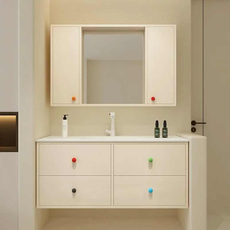 

Cream style dopamine washbasin, bathroom cabinet, ceramic integrated basin combination sink, washbasin cabinet, sliding mirror c