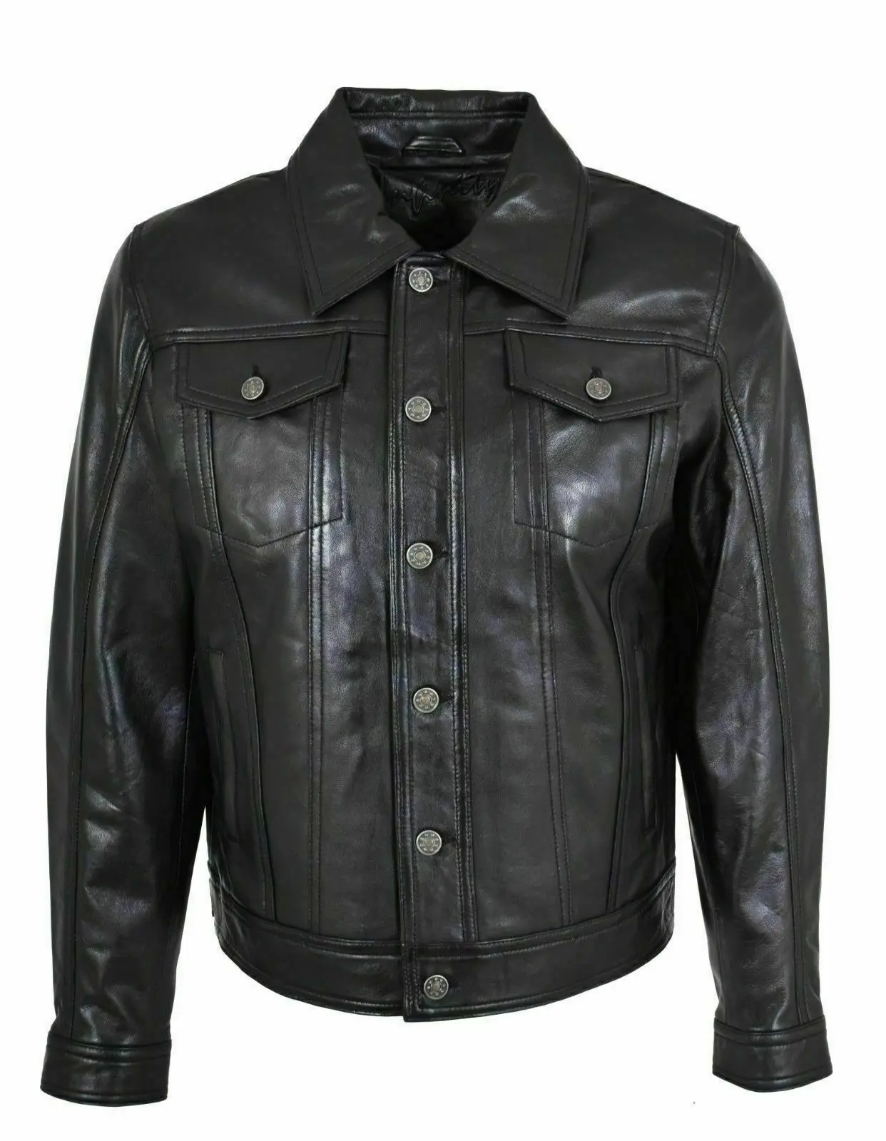 Men's Lambskin Leather Shirt Basic Vintage Biker Slim Fit Formal Jeans Shirt