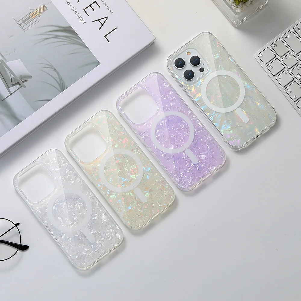 Glitter Shell Marble Magnetic Soft Case for Magsafe IPhone 17 16 15 14 13 Pro Max Plus 16Pro 15Pro ProMax Mag Safe Phone Cover