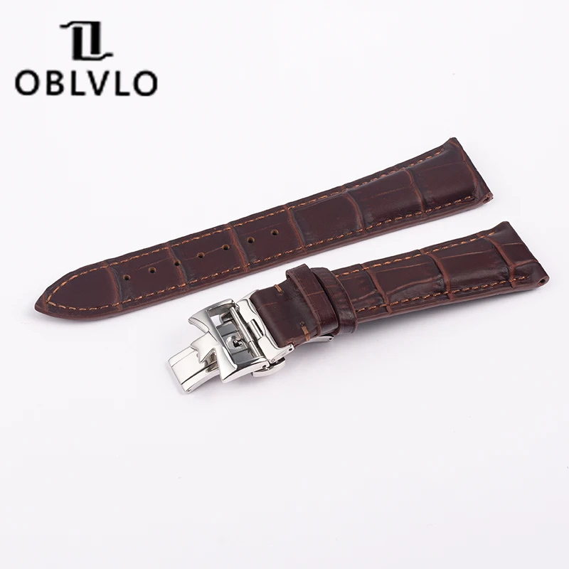 OBLVLO VM Series Black And Brown Genuine Calfskin Leather Strap Push Button Hidden Clasp Butterfly buckle Strap Width 22mm