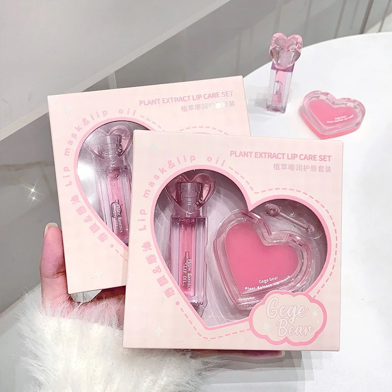 Pink Heart Lip Care Set Moisturizing Reduce Dry Wrinkles Transparent Tint Water Light Mirror Peach Lipstick Women Lips Makeup