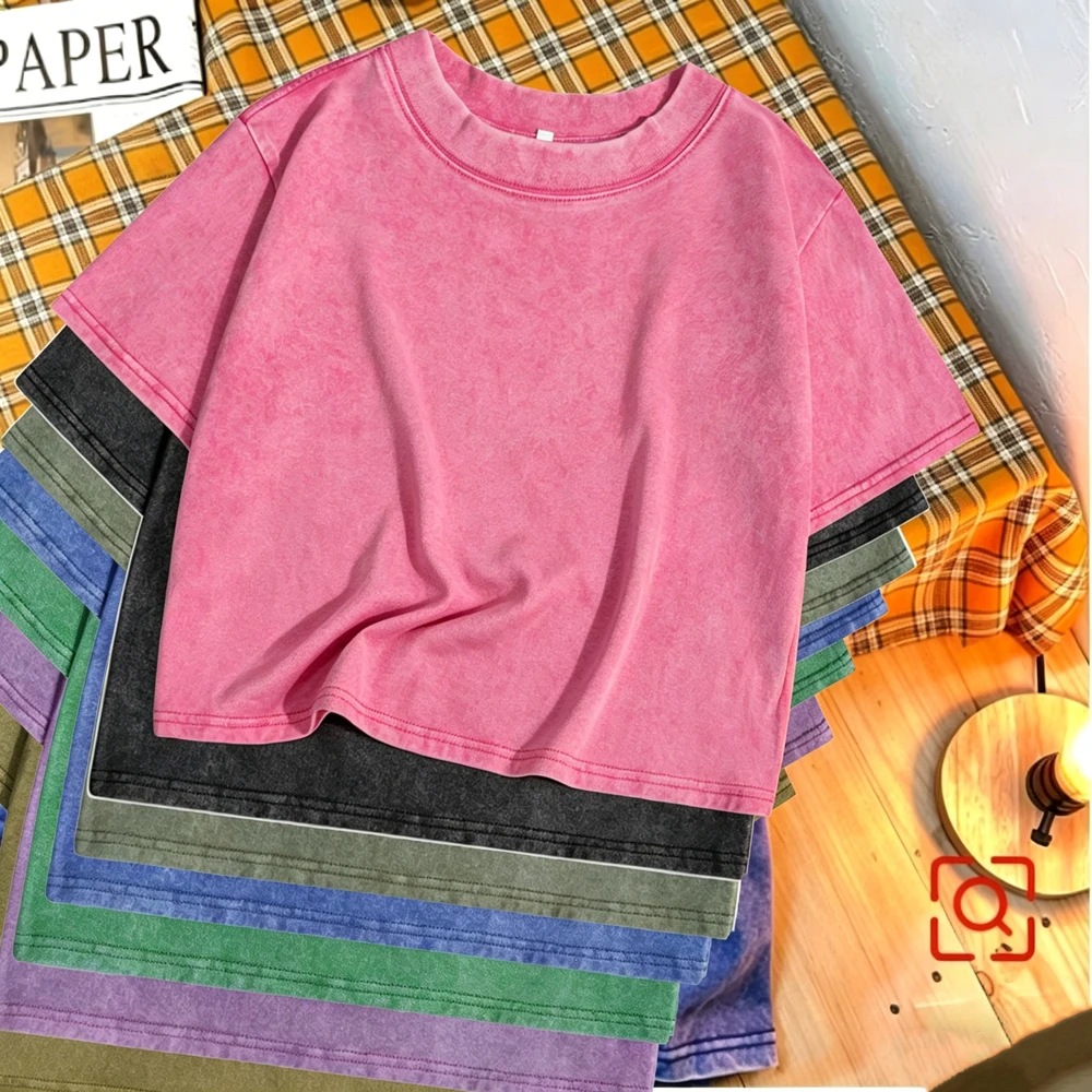 8 Farben Einfarbige Gewaschene T-Shirts Damen Sommer Locker Sitzende O-Ausschnitt Baumwoll-Crop-Tops Vintage Weiche Kurzarm-Shirts Y2k Damenkleidung
