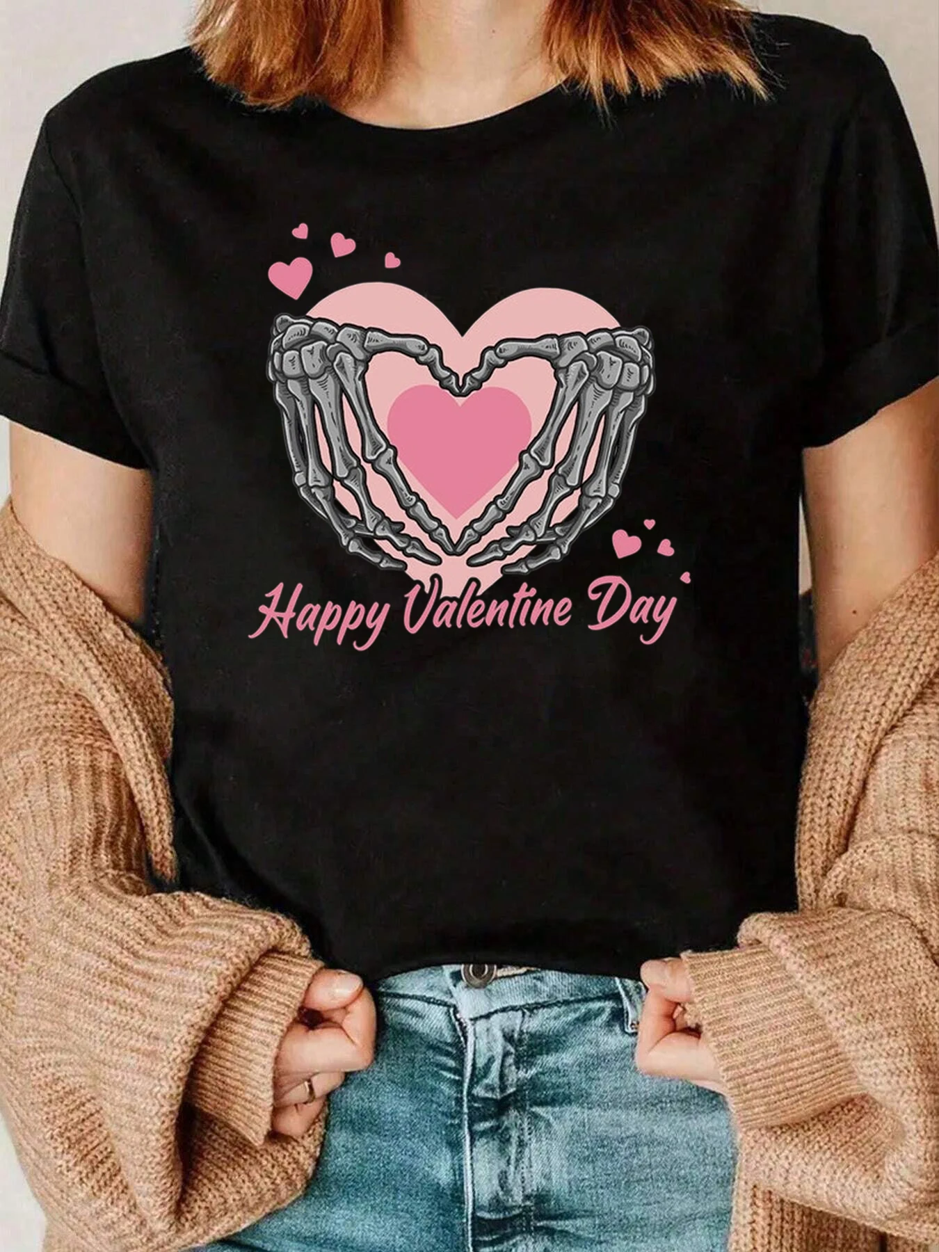 

Skeleton Hands Heart Print Valentine Day T Shirt Casual Wear Women 220g
