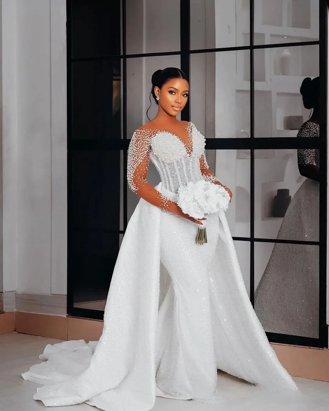 

Свадебное платье русалка на заказ для невесты, со съемным шлейфом, из иллюзионного кружева, с бисером и кристаллами