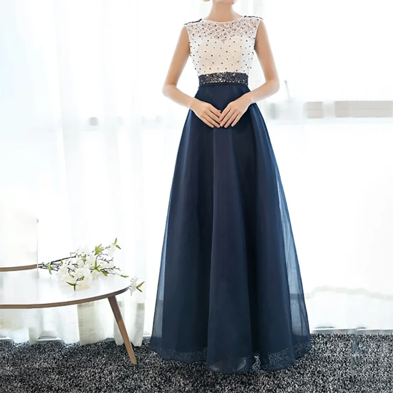 Prom Dresses For Gala Navy Female Dress Wave Point A-line sleeveless Evening Dress 2024 Dresses For Special Occasions Party Gown