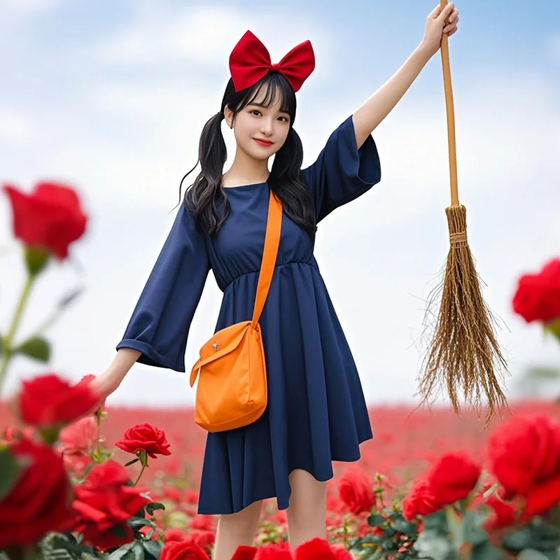 Halloween Costume Cosplay Role-playing Anime Little Witch Delivery Girl Kiki Dress Broom School Bag Children's Day Dress