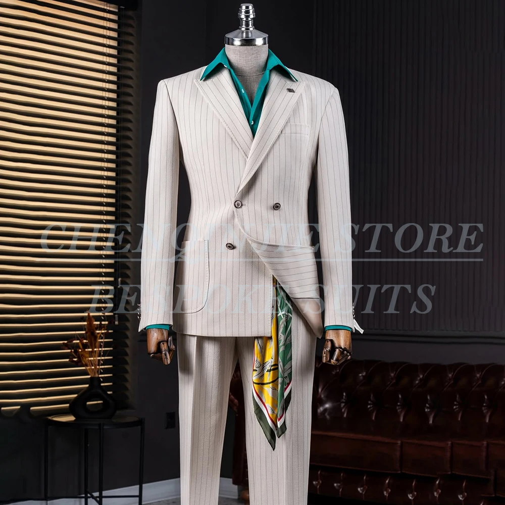 

Мужские костюмы на заказ в тонкую полоску, двубортные, с острым лацканом, приталенный, комплект из двух предметов, куртка, брюки, комплекты мужской одежды высокого качества