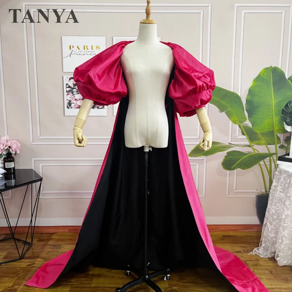 Taffeta Wedding Cloak Puffy Sleeves Hot Pink And Black Long Cape Bridal Accessories Jacket Bolero