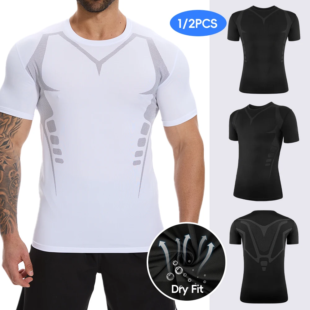 1/2 PCS Men Compression T-shirt Slim Breathable Quick-drying Sports Shirt for Gym Running Fitness Cycling Active Tops