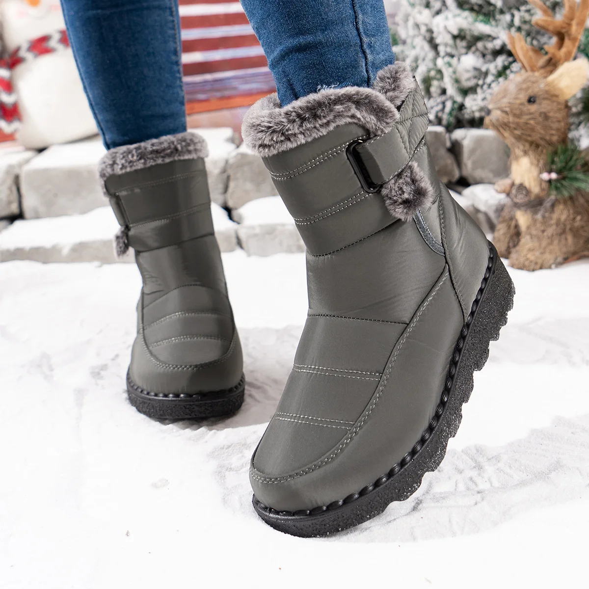 Damen-Winterstiefel bis zur Wadenmitte, wasserdicht, mit Kunstfell gefüttert, mit Klettverschluss, rutschfest, dicke Sohle, warme Outdoor-Stiefel für kaltes Wetter. – Detail 3