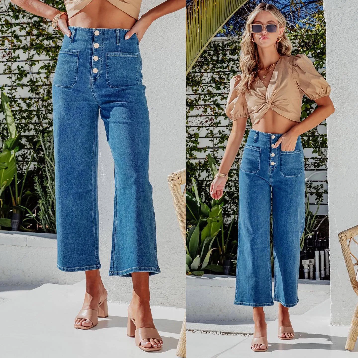 New Casual Straight-Leg Denim Trousers Women's High Waist Jeans American Retro Button Down Jeans Straight Denim Wide-Leg Pants