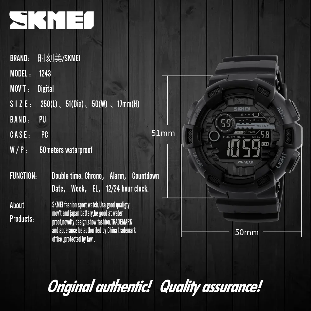 SKMEI-reloj Digital multifunción para hombre, cronógrafo con pantalla LED, resistente al agua, 5Bar, para deportes al aire libre, 1243