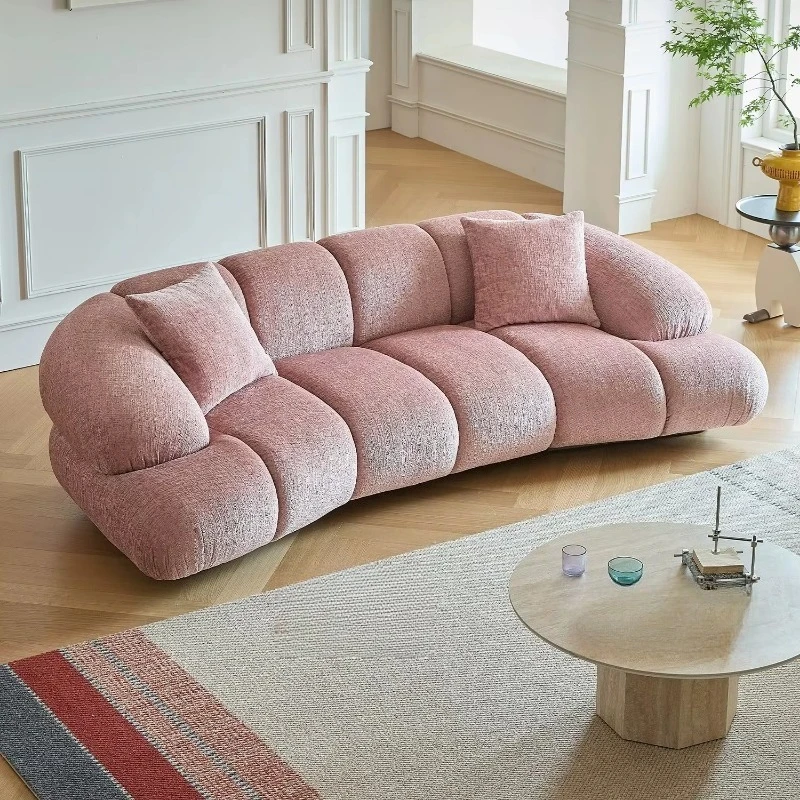 Cream-colored curved fabric sofa, simple and luxurious multi-seat sofa, suitable for villa living rooms