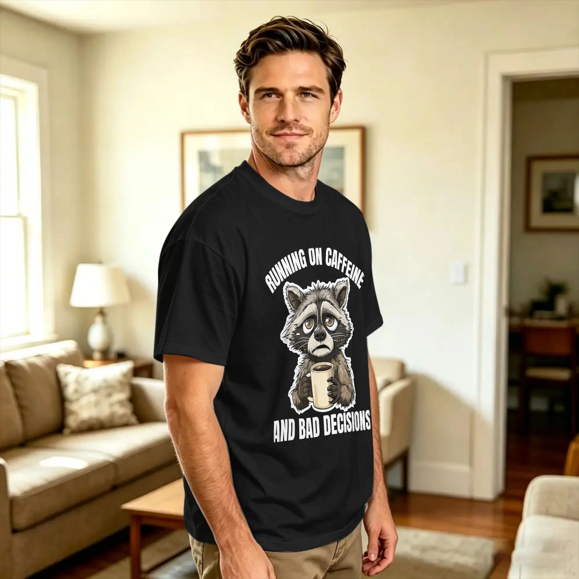 Couple T Shirt Running On Caffeine and Bad Decisions Funny Raccoon T-Shirts Hippie  Summer Tees Vintage Cotton Clothes Gift Idea