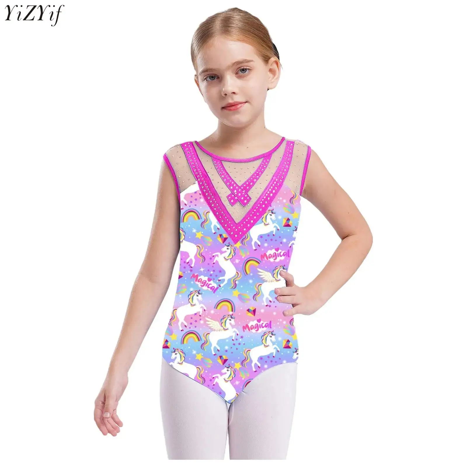 

Kids Girls Acrobatics Gymnastics Leotard Ballet Dance Costume Sleeveless Sheer Mesh Patchwork Shiny Rhinestones Printed Bodysuit