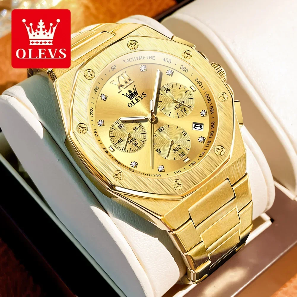 OLEVS Original Brand Watches for Men Waterproof Luminous Gold Stainless Steel Luxury Men Watch Fashion Trend Calendar Wristwatch