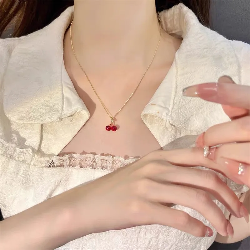 Juego de collar y pendientes con colgante de color dorado cereza roja vino para mujer, collar de moda con personalidad, joyería de boda, regalos de cumpleaños