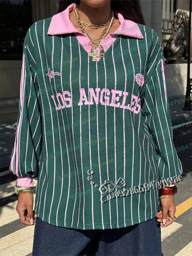 Damen Casual Gestreiftes Los Angeles Sportliches Polokragen-Langarm-T-Shirt, Oversize Streetwear, Herbst Damenbekleidung – Detail 3