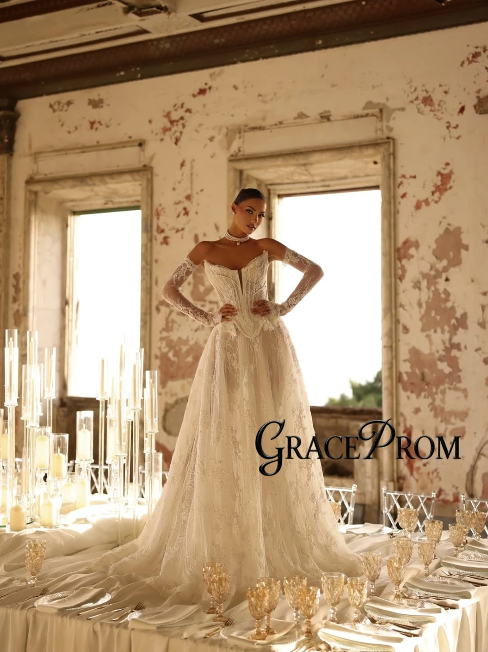 

2026 Lace Embroidered Wedding Gown Chic 2 in 1 Luxury Pearls A Line Customized Bridal Dress Stunning Charming Women Wear