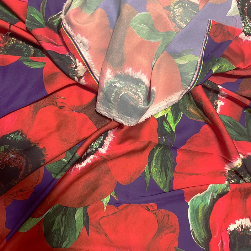 Europe And America Big Papaver Flower Printed Thin Chiffom Or Satin Fabric For Dress Blouse DIY Cloth Tissu tessuto Материалы