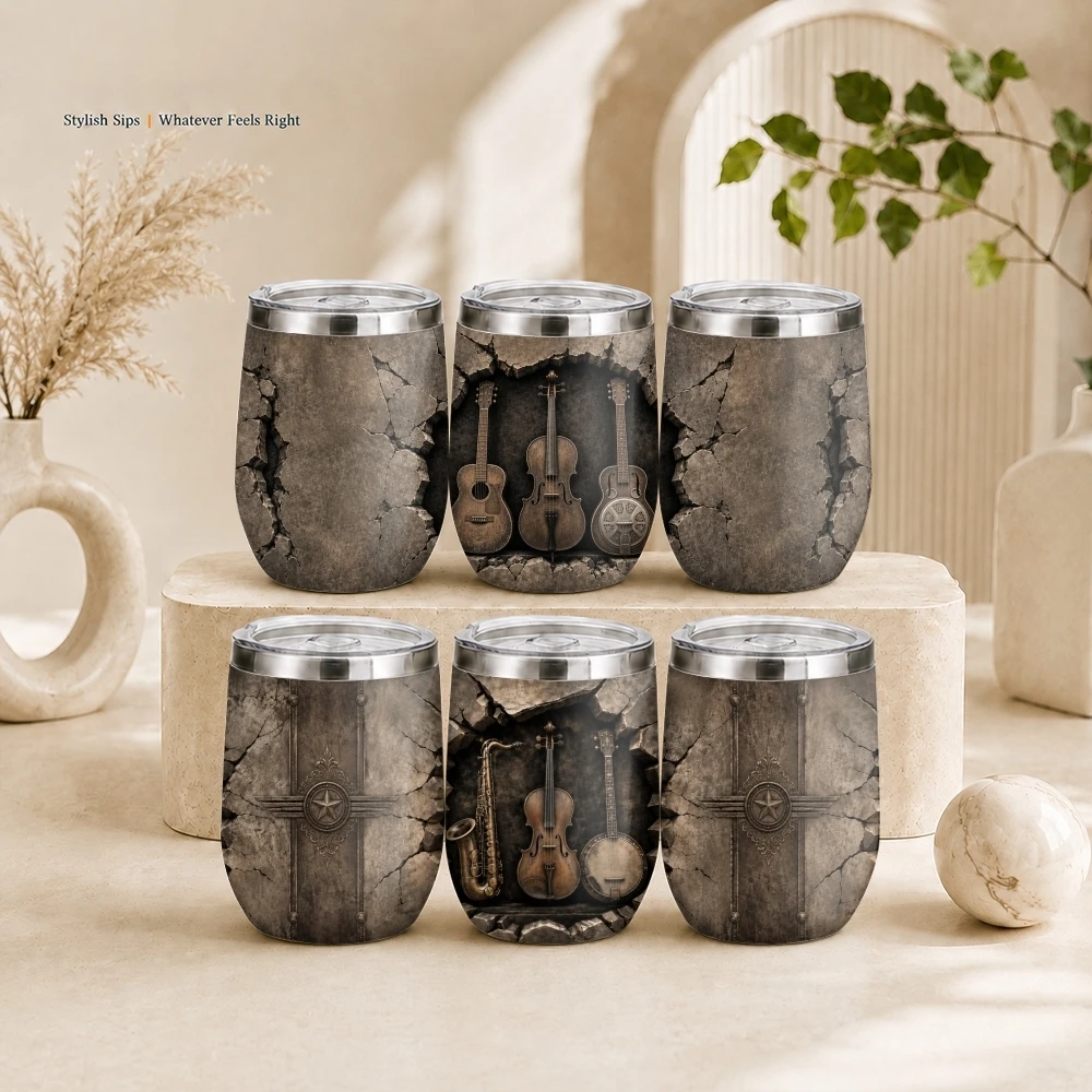 Vintage Musical Instrument Collage Vacuum Flasks 12oz Insulated Stainless Steel Mug with Lid Travel Tumbler Double Wall Cup