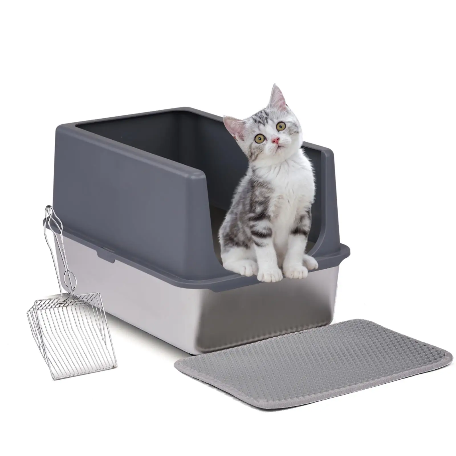 Extra Large Stainless Steel Cat Litter Box with Lid & High Sides, Easy Clean, Includes Double Layer Mat & Scoop - Gray