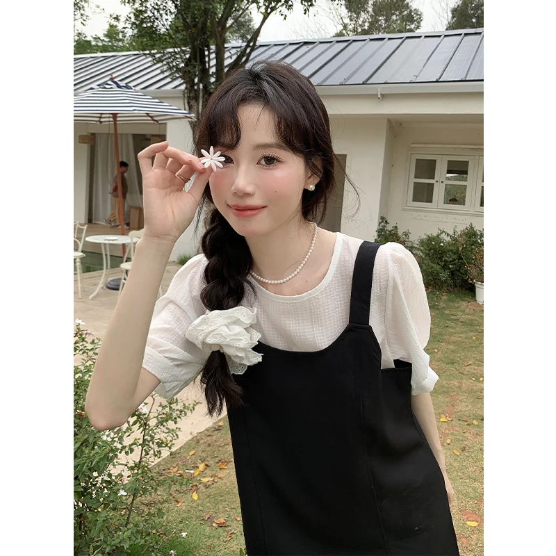 2024 new summer wear Korean style careful age-reducing suspender skirt + bubble top set