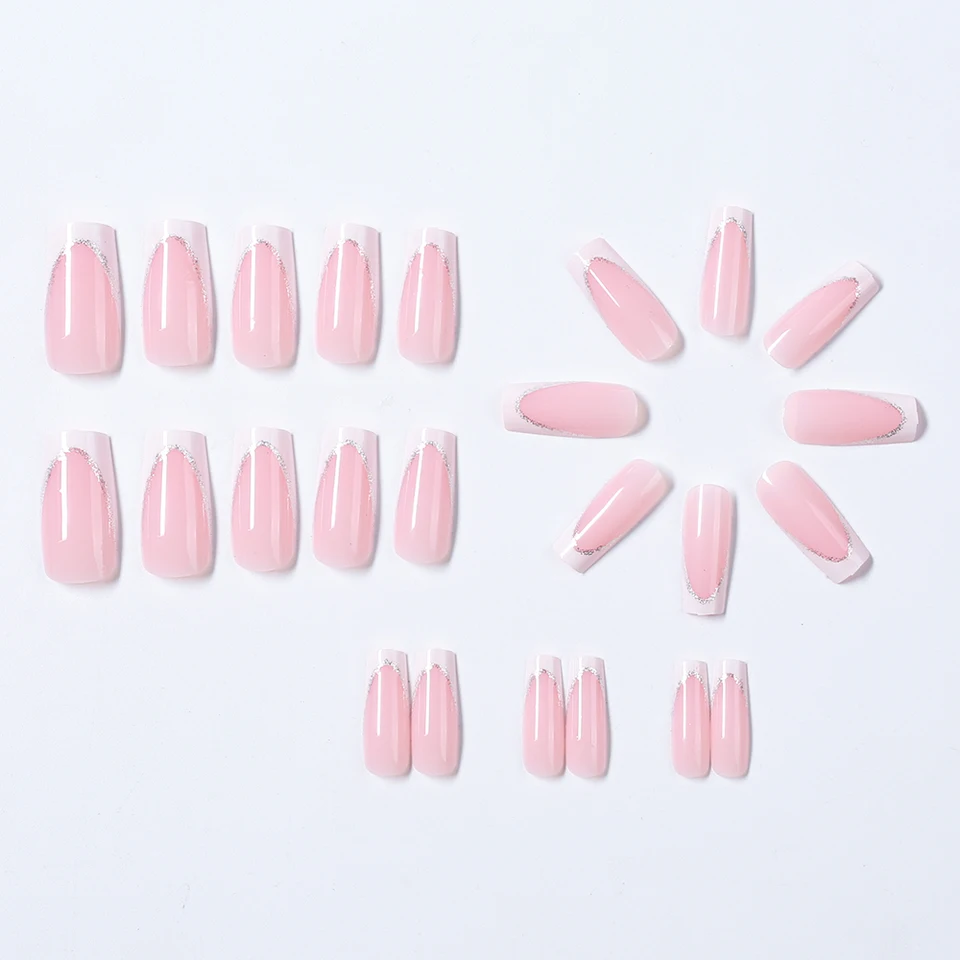 24pcs uñas postizas cortas cuadradas tipo ataúd francesas con brillo, uñas acrílicas de cobertura completa para mujer, ballet, uñas press-on 5