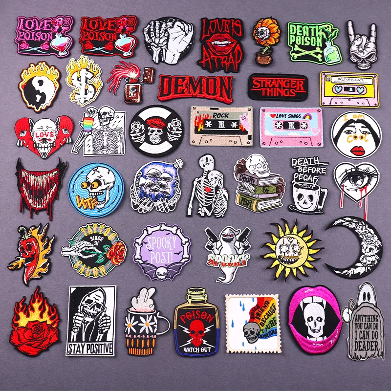 Punk Skull Embroiudery Patch Demon Letter Patches For Clothing Thermoadhesive Patches On Clothes DIY Rock Fire Element Badges