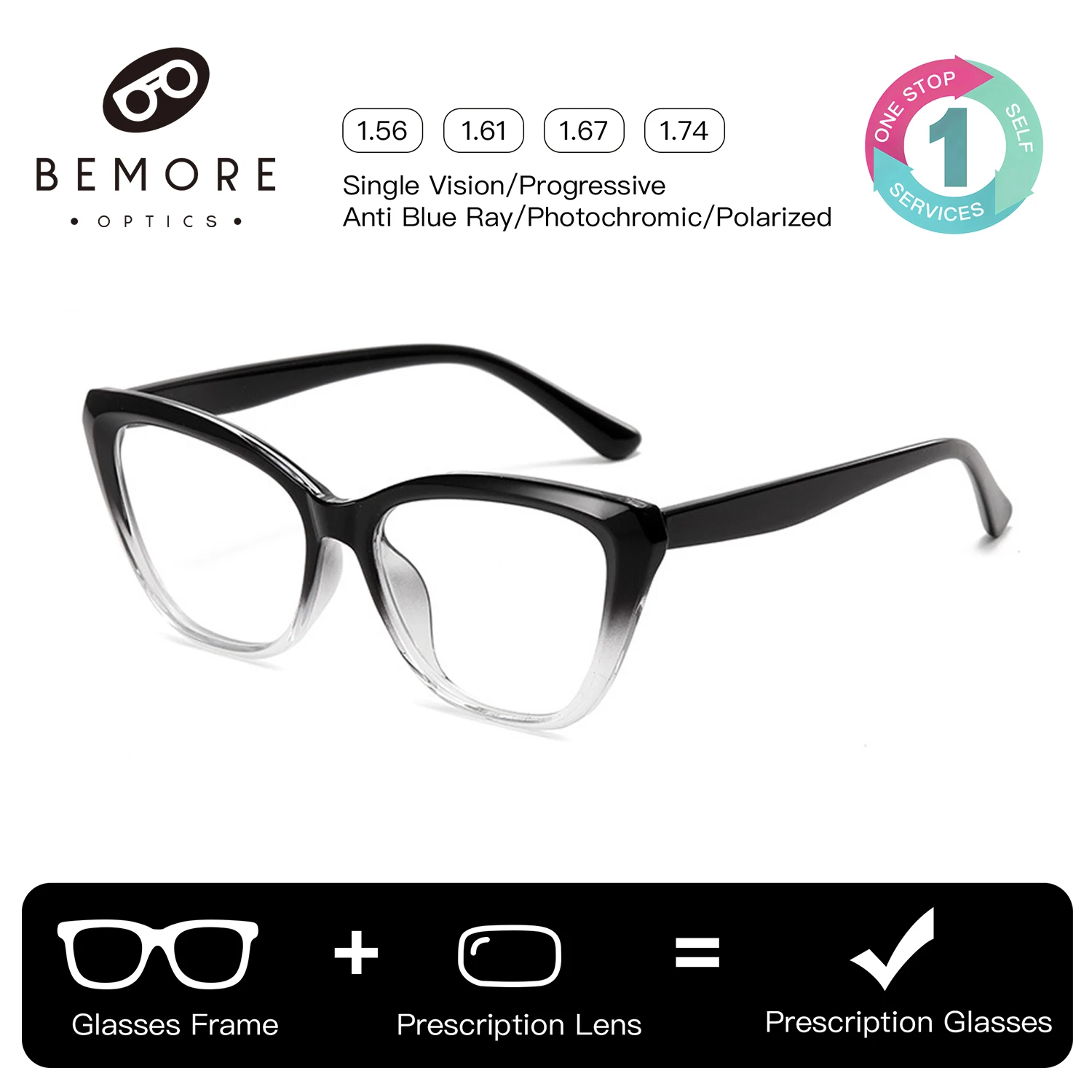 BEMORE Cat Eye Prescription Glasses For Women Photochromic Anti Blue Light Acetate Optical Myopia Medical Eyeglasses