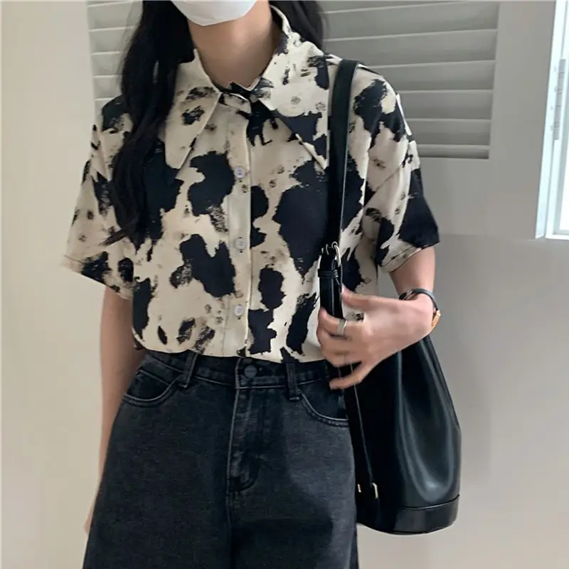 XEJ NAINI Cow Print Shirt Women Summer Top 2024 Chiffon Elegant Social Women\'s Shirt Oversized Shirt Silk Blouse Short Sleeve