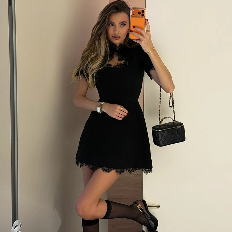 Elegant Black Lace Evening Dress for Women - High-Waisted