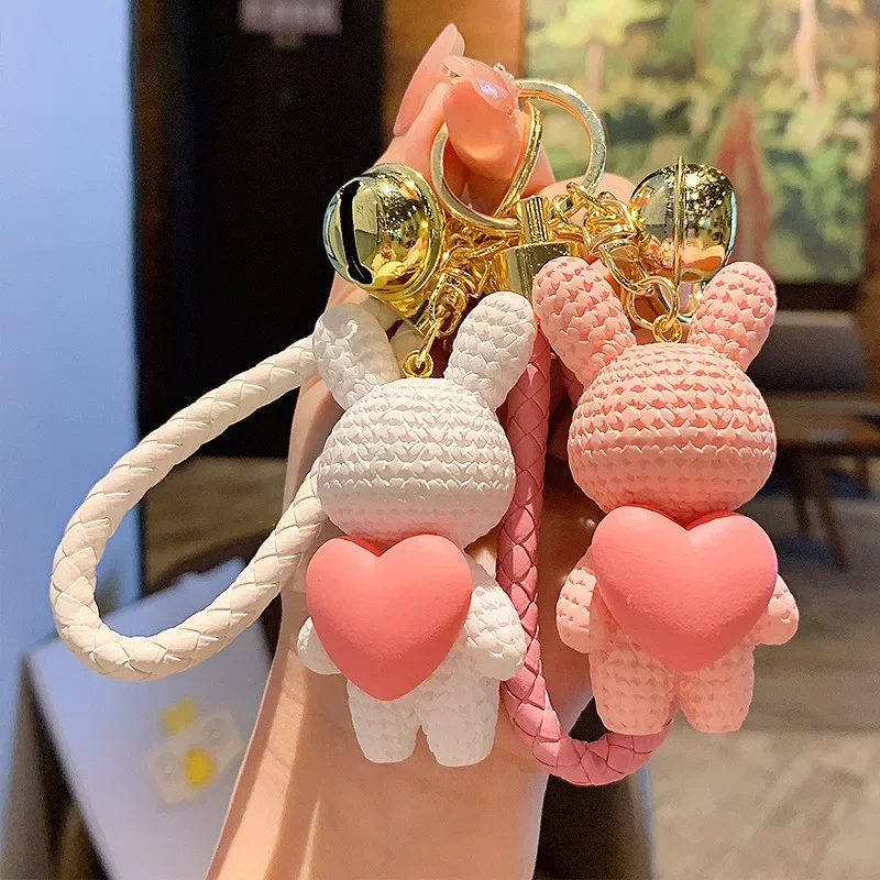 

Cute Bear Key Chain Resin Bow Bell Rabbit Keychain Weaving Fashion Doll Bag Pendant Holiday Car Key Ring For Girls Gift