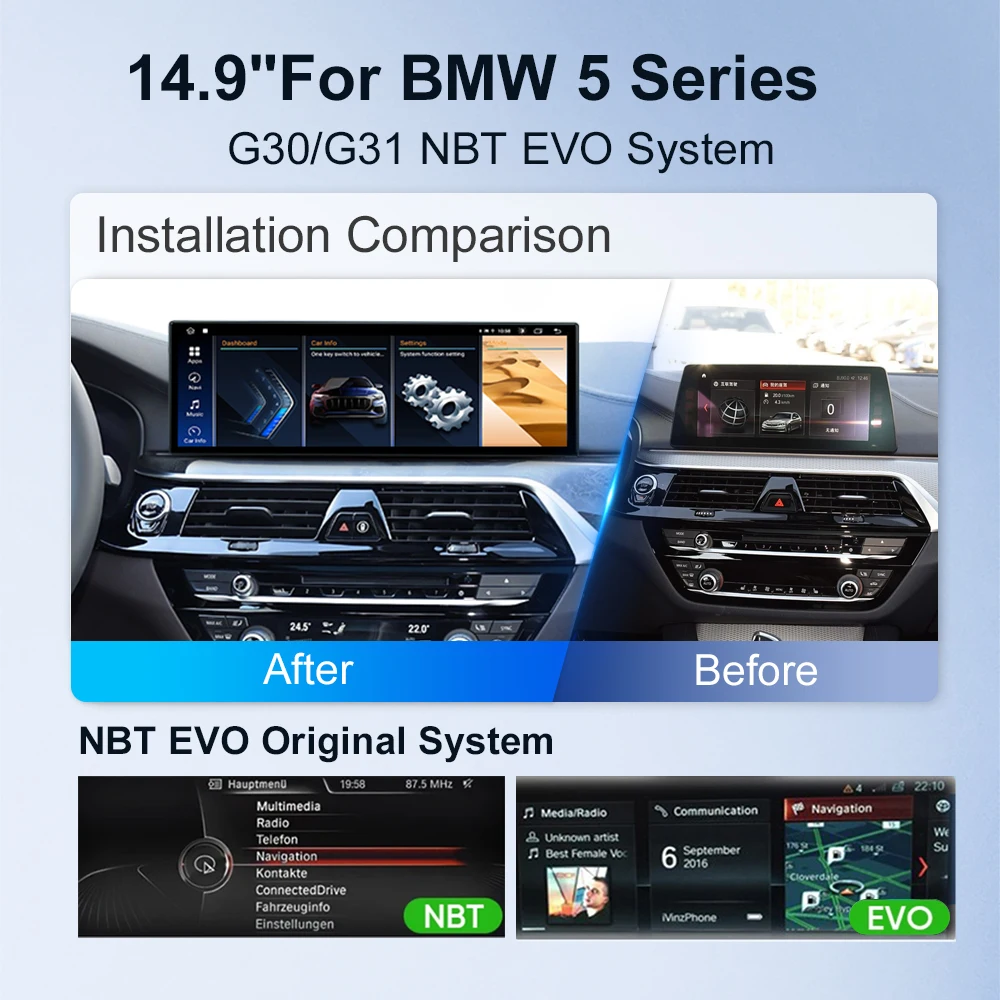 14.9 inch Car Radio For BMW 5 Series G30 G38 EVO System CarPlay Android 13 Auto Multimedia Player Screen 668S Head Unit ID8 DSP