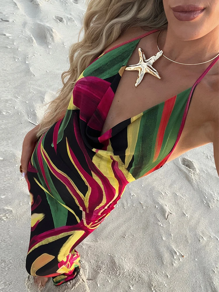 Cutenew Holiday Panelled Women Dress Sexy Trend Halter Bandage V-neck Backless Straight Robe Female Popular Beach Maxi Bodycon