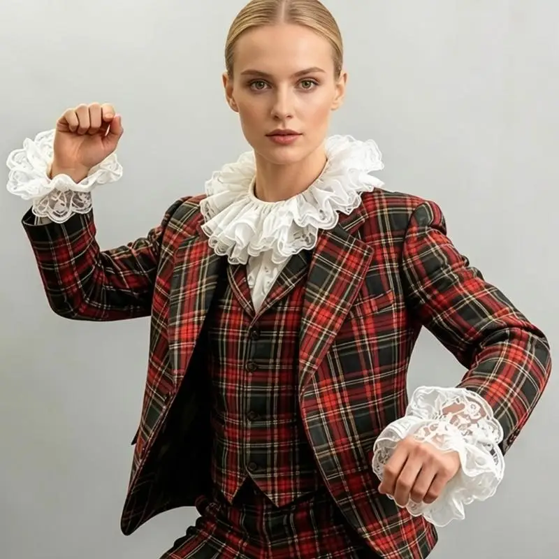 White Lace Faux Collar and Wrist Cuffs, Detachable Costume Styling Set for Party and Photo Event Looks 