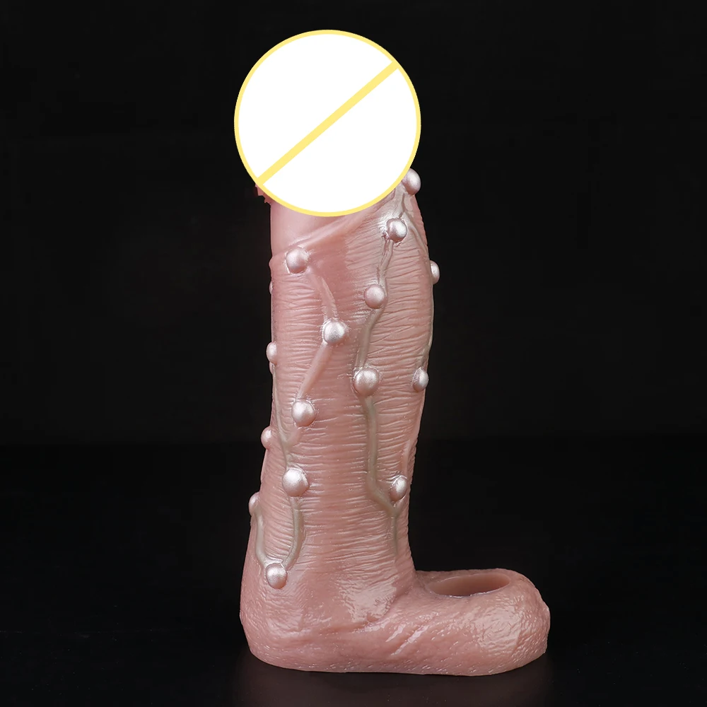 8.46in reusable male penis enlargement sleeve, penis sleeve with veins and pearl knot, sperm locking ring to delay ejaculation