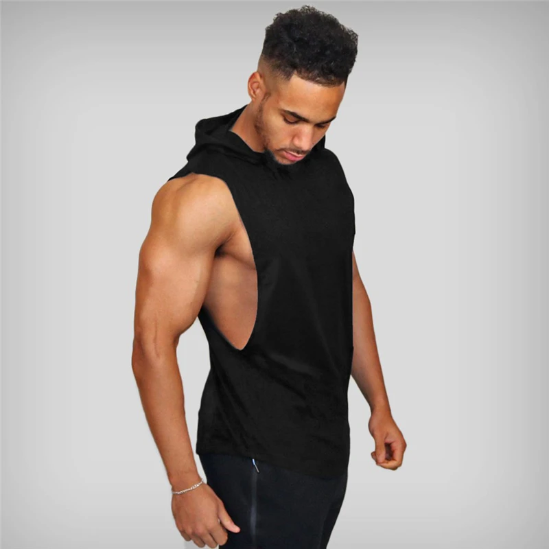 Plain Bodybuilding Stringer Tank Tops Men Running Hooded Vests Fitness Sleeveless Hoodies Cotton Gym Clothing