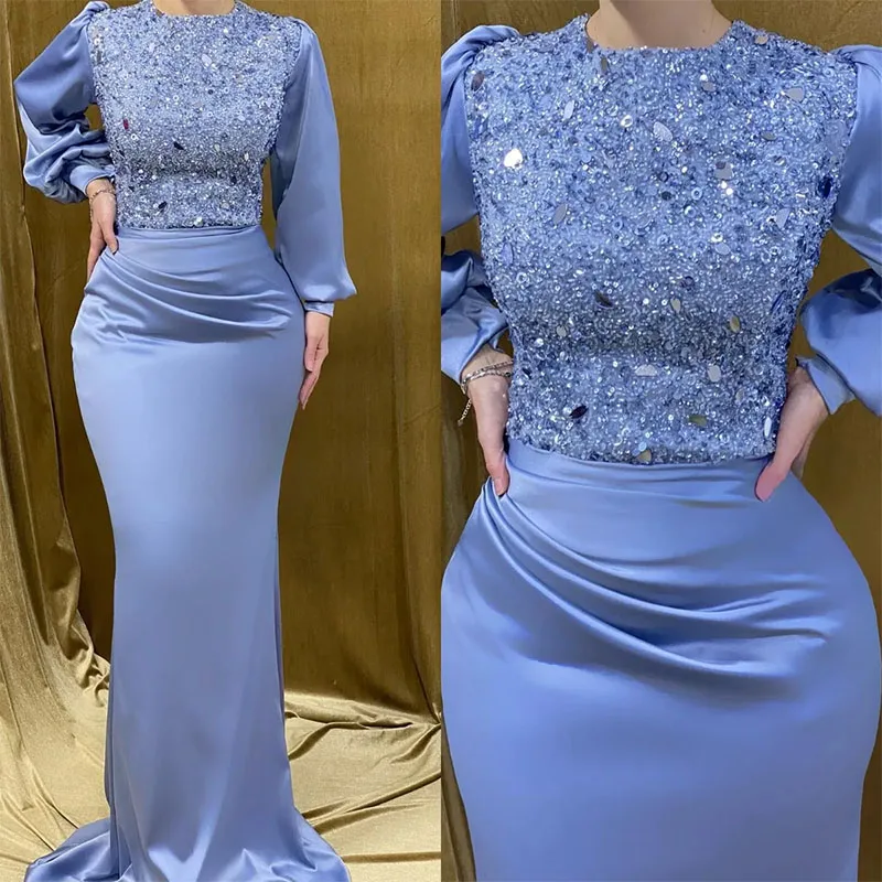 Elegant Muslim Evening Dresses Long Sleeves Mermaid Turkish Kaftan Dress Sequins Special Occasion Formal Dresses for Women