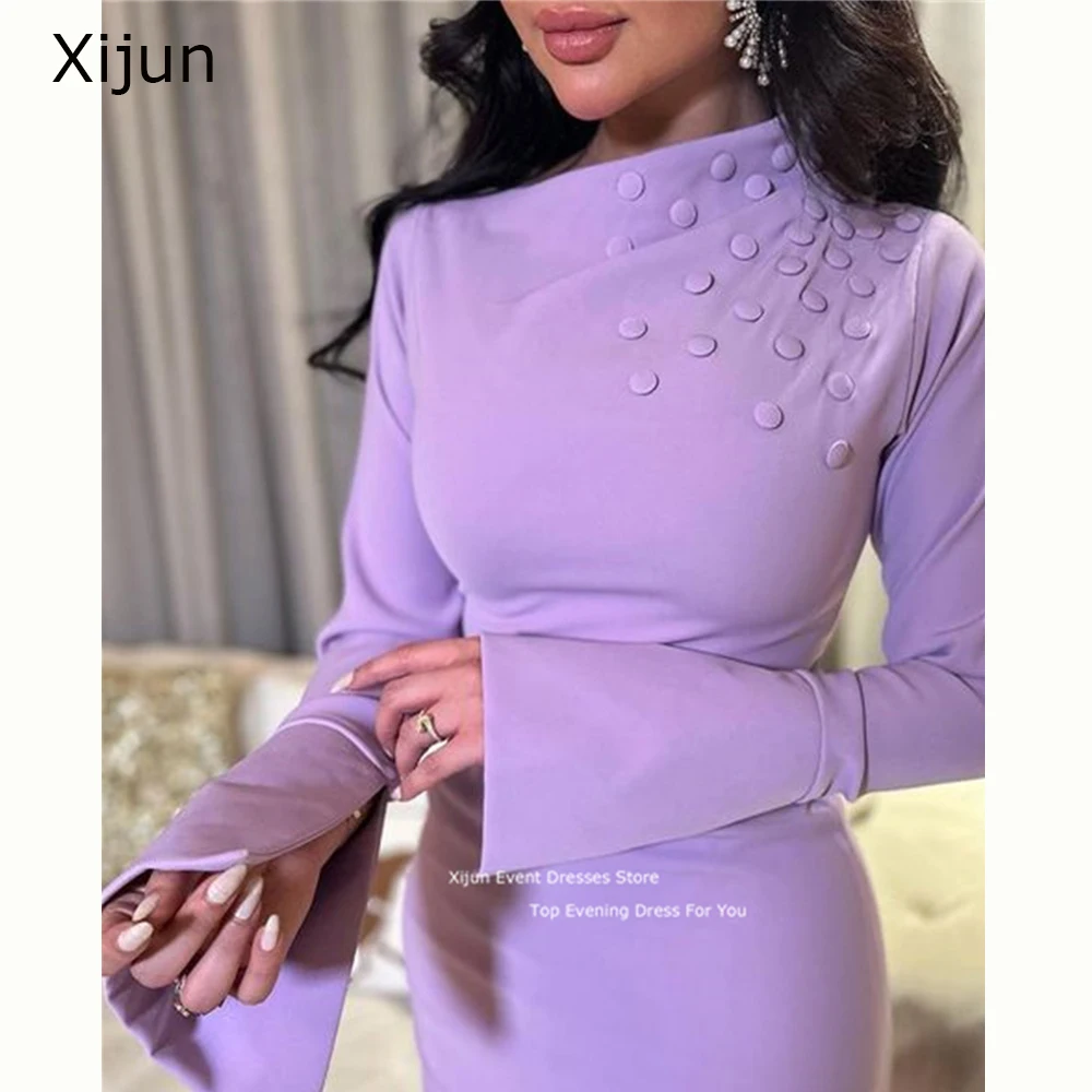 Xijun-Vestido de noche lila para mujer, manga larga, largo hasta el tobillo, para fiesta, graduación, ocasión Formal, 2023