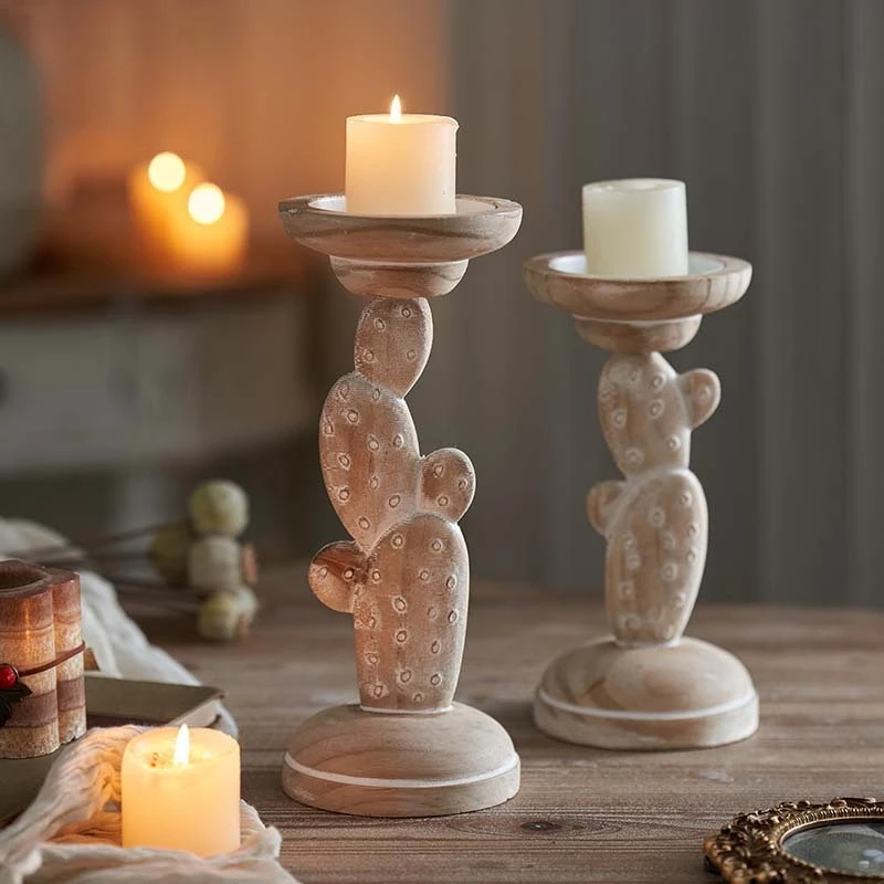 

Japanese Wooden Candle Holder Solid Wooden Carved Cactus Base Nordic Home Decor Christmas Ornament Creative Candle Stand Gift